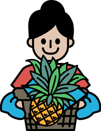 A woman is holding a pineapple in a basket. She is smiling and she is happy. Concept of joy and positivityのイラスト素材