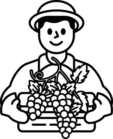 A man in a shirt and hat is holding a basket of grapesのイラスト素材