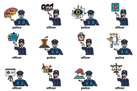 A Set of illustrations of police and things in line art styleのイラスト素材