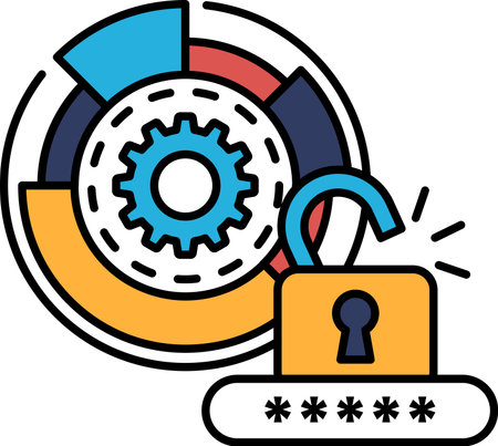 A graphic of a lock with a key and a gear. The lock is open and the key is missing. The graphic is meant to represent the idea of security and protectionのイラスト素材