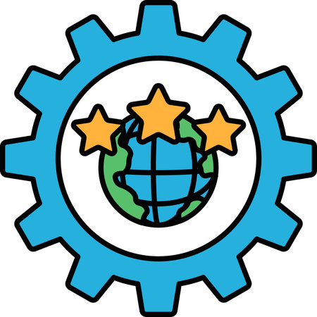 A blue and white gear with three stars and a globe. The globe is surrounded by the stars, and the gear is the central focus of the design. The blue and white color scheme gives the image a cleanのイラスト素材
