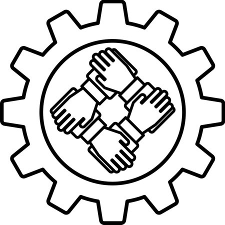 A black and white image of four hands holding hands in a circle. Concept of unity and teamworkのイラスト素材