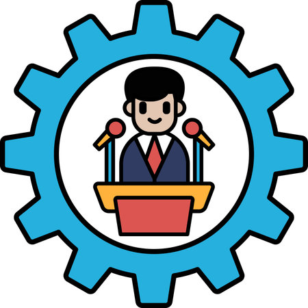 A man is standing in front of a podium with a microphone. He is smiling and he is giving a speech. Concept of confidence and authority, as the man is dressed in a suit and tieのイラスト素材