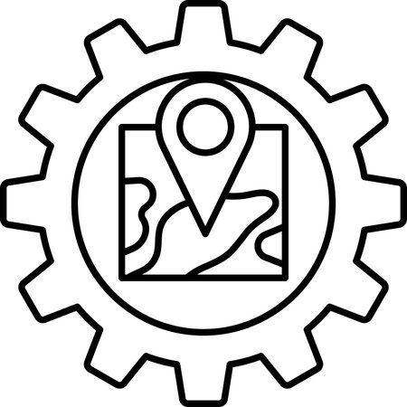 A map with a pin on it is drawn in black and white. The map is surrounded by a gear, which is also drawn in black and white. Concept of navigation and directionのイラスト素材