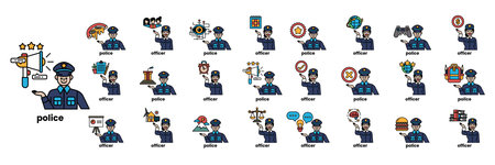 A series of police officers in different positions and uniforms. The image is a collection of various police officers in different poses and uniformsのイラスト素材