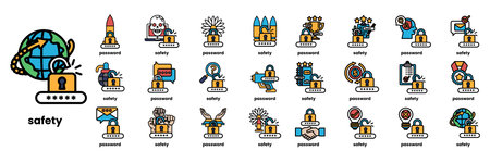 A collection of icons for security and safety. The icons include a key, a lock, a computer, a globe, a bird, a person, a building, a book, a camera, a computer mouse, a keyboard, a cell phoneのイラスト素材