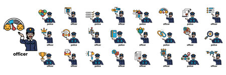 A collection of cartoon images of police officers. The images are in a grid and are labeled with the word "officer"のイラスト素材