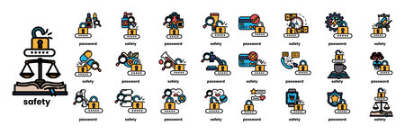 A collection of icons for various security measures. The icons include a lock, a key, a padlock, a book, a scale, a phone, a computer, a credit card, and a walletのイラスト素材