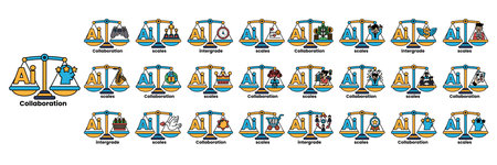 A collection of scales with different weights. The scales are labeled with different words, such as "Collaboration" and "Community"のイラスト素材