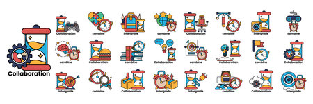 A collection of time-related icons, including clocks, sand timers, and books. The image is titled "Collaboration" and features a variety of different designsのイラスト素材