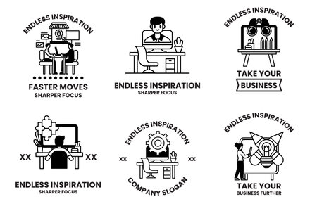 Endless inspiration is the theme of these six images. They all depict people working at a desk, with some using a computer and others holding a book. The images are all black and whiteのイラスト素材