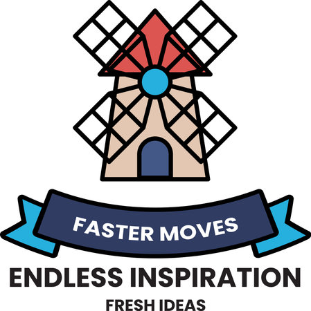 A windmill with a banner that says "Faster Moves, Endless Inspiration". The banner is blue and whiteのイラスト素材