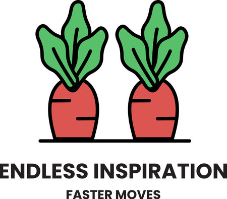 Two carrots are shown in a garden setting. The image is titled Endless Inspiration, Faster Movesのイラスト素材