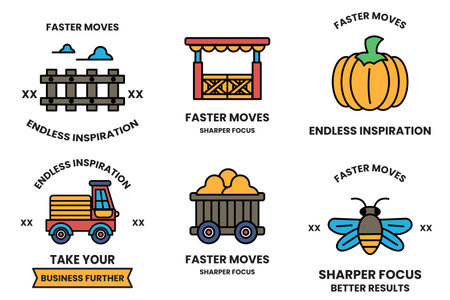 The image is a collection of six different icons, each with a different concept or mood. The icons include a train, a truck, a pumpkin, a bug, a car, and a busのイラスト素材