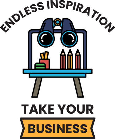Endless inspiration take your business. The image is of a desk with a pair of binoculars and a pencil holder. The binoculars are on a table and the pencil holder is on the table as wellのイラスト素材
