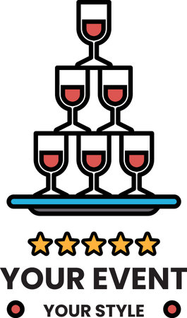 A stack of wine glasses on a plate with the words "Your Event Your Style" written belowのイラスト素材
