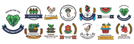 A collection of fruit and vegetable badgesのイラスト素材