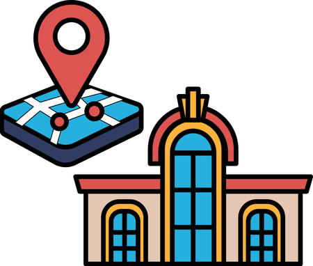 A building with a red roof and blue windows. A red dot is on the map. The map is on the left side of the buildingのイラスト素材