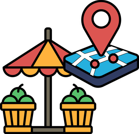 A map is shown with a red dot on it, and a red umbrella is shown above it. The umbrella is above a basket of apples, and there are two baskets of apples in the imageのイラスト素材
