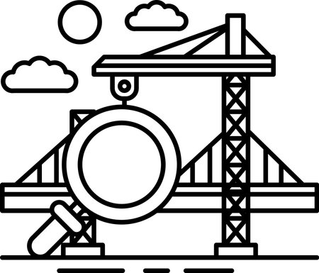 A black and white drawing of a construction site with a crane and a large black circle with a magnifying glass in the middleのイラスト素材