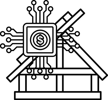 A black and white drawing of a building with a dollar sign on it. The dollar sign is surrounded by a bunch of other dollar signs. The dollar signs are all connected to each otherのイラスト素材