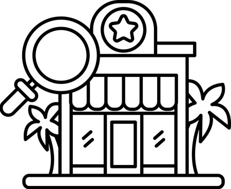 A black and white drawing of a store with a magnifying glass on the left side. The store is surrounded by palm treesのイラスト素材