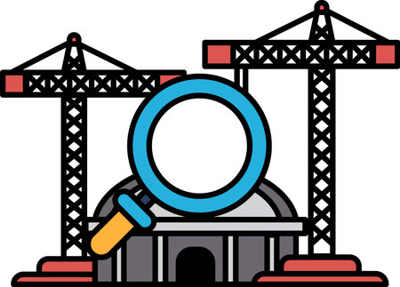 A blue and yellow magnifying glass is placed in front of a large building. The building is surrounded by cranes, giving the impression of a construction site. Concept of curiosity and explorationのイラスト素材