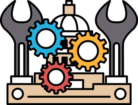 A drawing of a building with a large red and blue wheel on top of it. The wheel is surrounded by smaller wheels and a wrench. Concept of machinery and engineering, with the buildingのイラスト素材