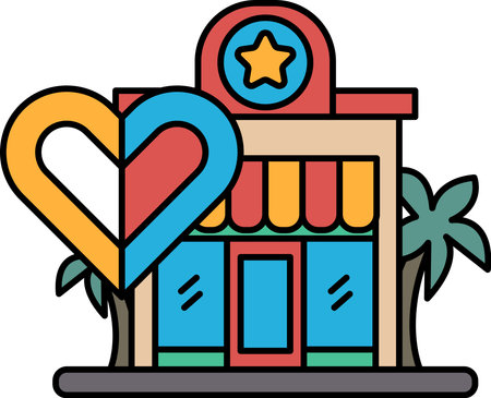 A colorful building with a heart and star on it. The heart is blue and yellow and the star is red. The building is located in a tropical area with palm trees in the backgroundのイラスト素材