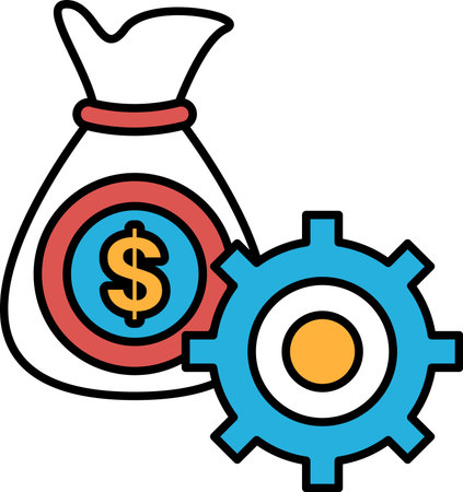 A dollar bill is placed on a red background, with a blue and white gear in the foreground. The dollar bill is positioned towards the left side of the imageのイラスト素材
