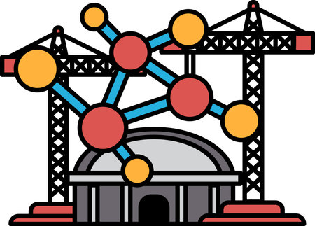 A building with a large dome and a lot of red and yellow circles. The circles are connected to each other and to the buildingのイラスト素材