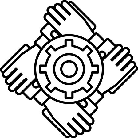 A black and white image of four hands holding a gear. Concept of teamwork and collaborationのイラスト素材