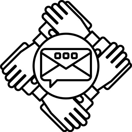 A black and white image of four hands holding each other with a large envelope in the middle. The envelope is labeled "mail" and the hands are labeled "communication"のイラスト素材