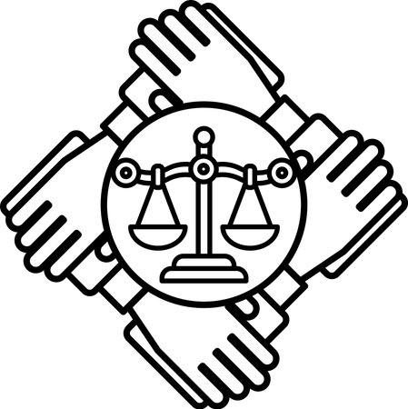 A black and white image of four hands holding a scale. The scale is balanced with the hands on each side. Concept of justice and fairnessのイラスト素材