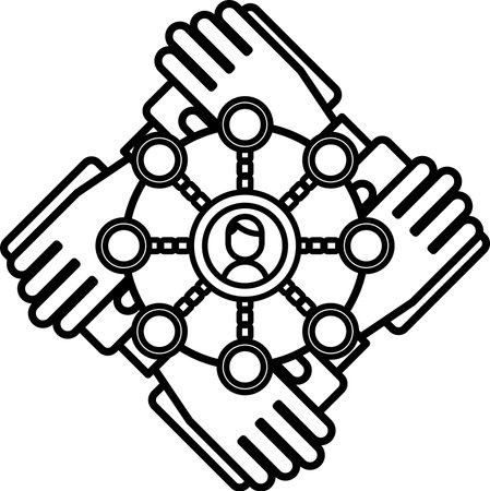 A black and white drawing of four hands holding hands in a circle. The hands are connected to a person in the center of the circle. Concept of unity and togethernessのイラスト素材