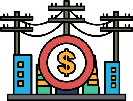 A cartoon drawing of a city with a red circle with a dollar sign in the middle. The city is shown with tall buildings and power lines. The drawing has a playful and lighthearted moodのイラスト素材