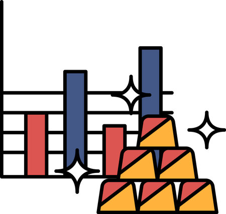 A graph with bars and a pile of gold. The graph is red, blue and yellow. The gold is stacked in a pyramid shapeのイラスト素材