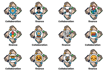 A set of hand icons that represent different concepts such as collaborationのイラスト素材