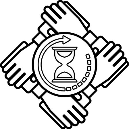 A black and white image of four hands holding a clock with the hands pointing to the numbers 1 and 2のイラスト素材