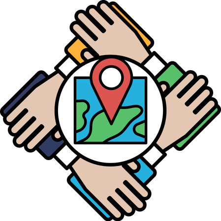 A hand is holding a map with a red pin on it. The map is surrounded by four other handsのイラスト素材