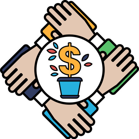 A group of hands holding a plant in a pot with a dollar sign in the middle. Concept of unity and growth, as the hands and the plant symbolize the coming together of people to supportのイラスト素材