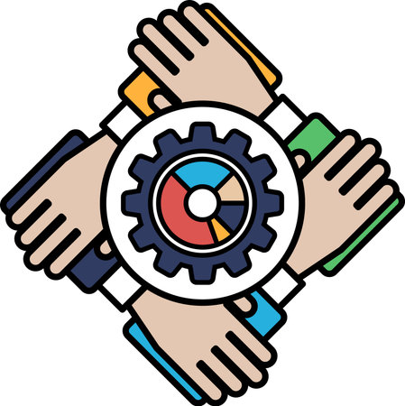 A graphic of four hands holding a gear with the words "teamwork" written below. Concept of collaboration and unity in achieving a common goalのイラスト素材