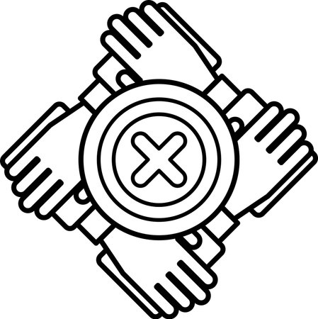 A black and white image of four hands holding hands in a circle. Concept of unity and togethernessのイラスト素材