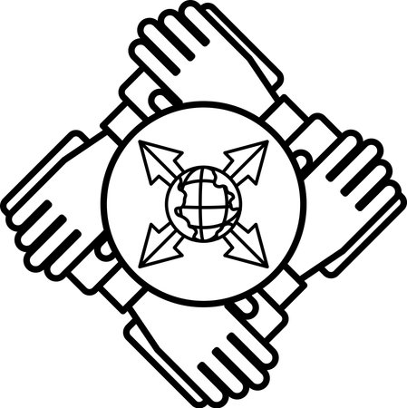 A black and white drawing of four hands holding hands in a circle with a globe in the centerのイラスト素材