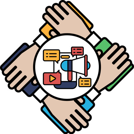 A hand is holding another hand with a large red and blue sign in the middle. The sign says "Teamwork" and is surrounded by smaller signs. Concept of collaboration and unityのイラスト素材