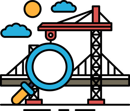 A large crane is seen in the background of a picture of a bridge. The crane is being used to lift a large objectのイラスト素材