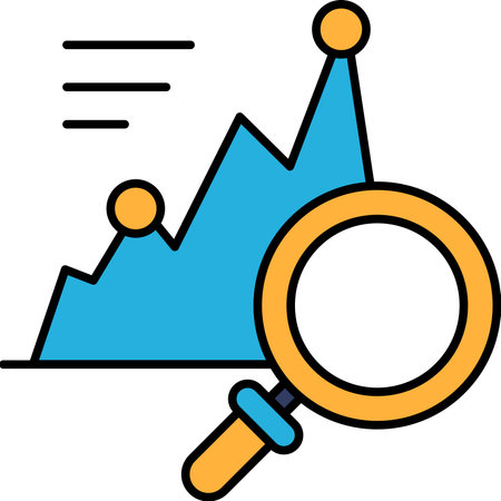 A blue and yellow graph with a magnifying glass over it. The graph is showing a downward trend, and the magnifying glass is being used to look closer at the dataのイラスト素材