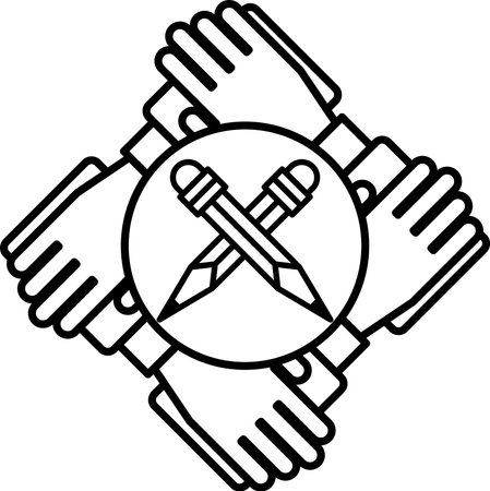 A black and white drawing of four hands holding pencils. The pencils are crossed over each other. Concept of unity and collaborationのイラスト素材