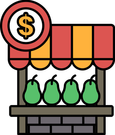 A store with a sign that says $1.00. The sign is red and yellow. The store is selling green pearsのイラスト素材