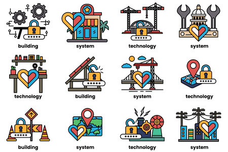 The image is a collection of different gears and symbolsのイラスト素材